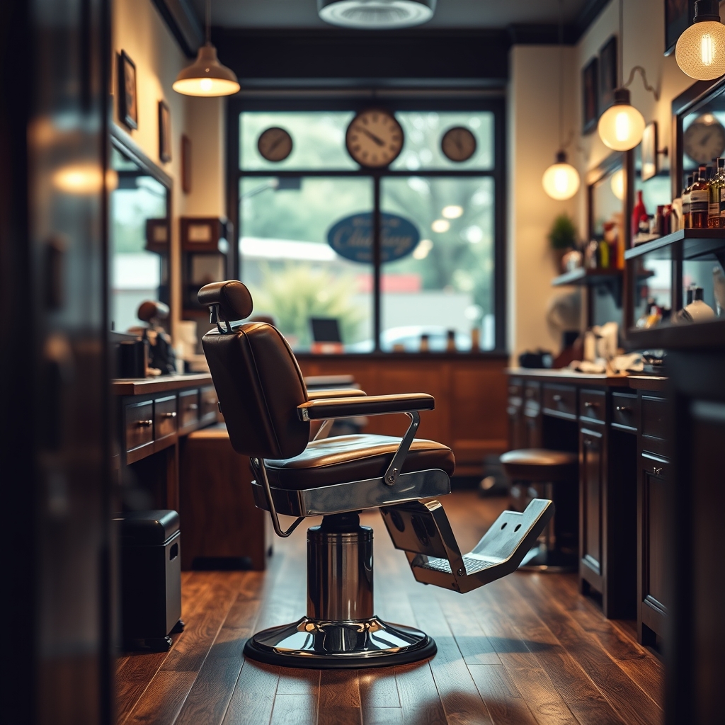 Bright barbershop chair facing a windowed storefront