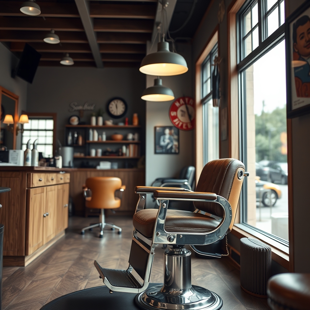 Warm modern barbershop interior with a classic leather chair